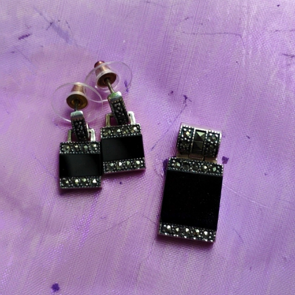Stunning Onyx & Marcasite Pendant & Earrings Set 925 Thailand Bgj